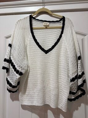 BiBi White Crochet V-Neck Sweater with Black Trim